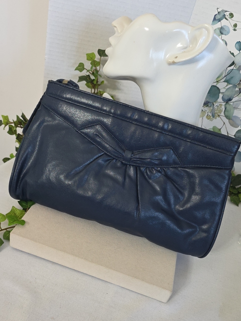 Vintage MCI Navy Blue Bow Clutch with Wrist Strap